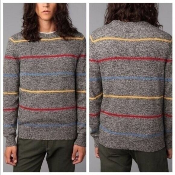 O'HANLON MILLS / Mens Pullover Sweater Navy Blue Stripes Lambswool Blend Sz S - Picture 2 of 13